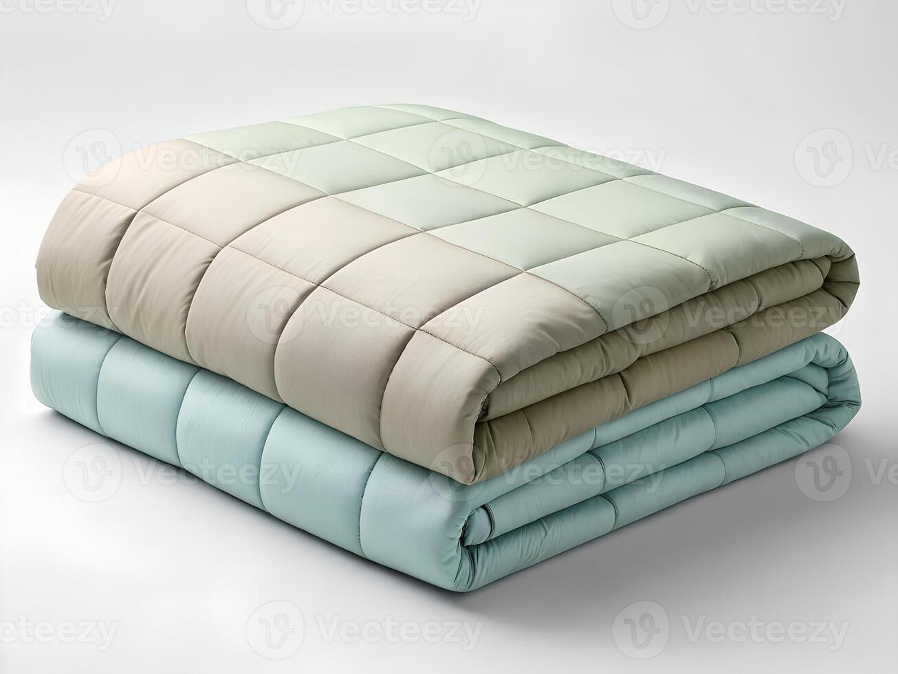 Two Soft Quilted Blankets in Beige and Teal Shades on White Background photo