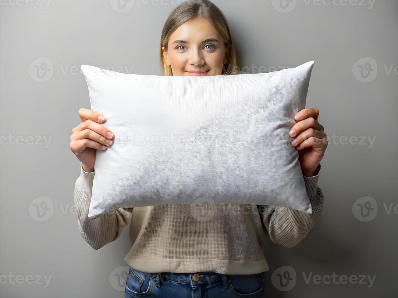 Smiling Young Woman Holding a Large White Pillow Against a Gray Background photo