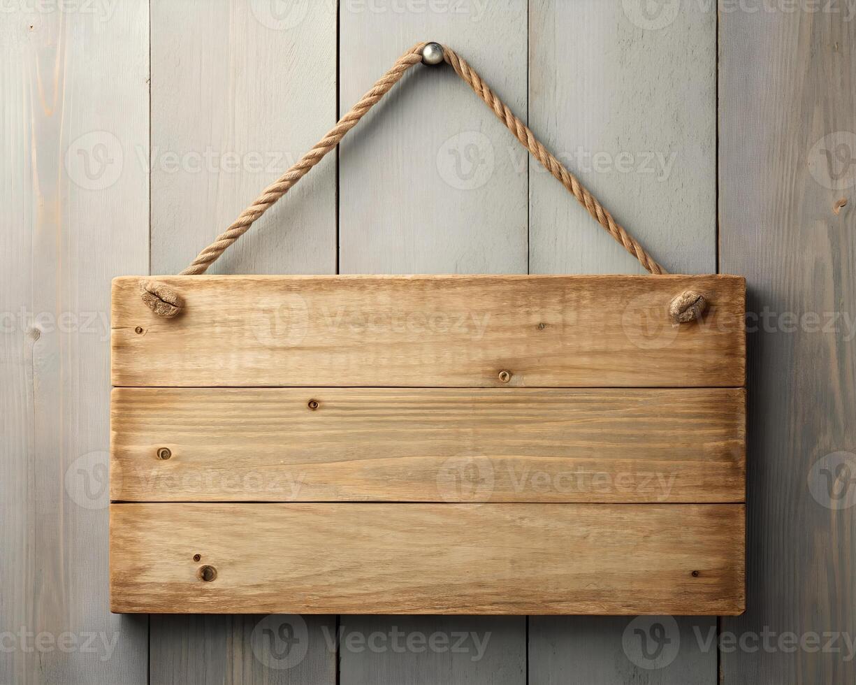 Blank Rustic Wooden Sign Hanging on Grey Wall photo