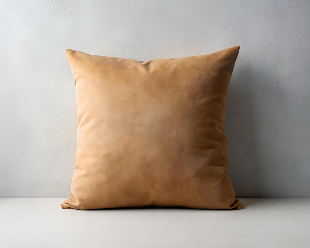 Tan Suede Square Pillow on White Surface Against a Textured White Wall photo