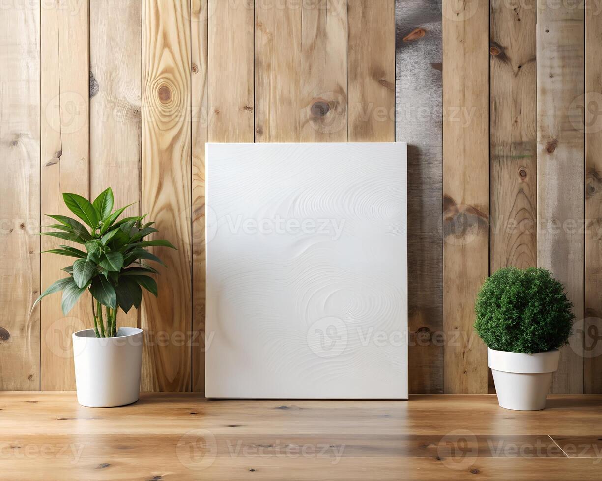 White Canvas Mockup on Wooden Table Against Rustic Wood Wall photo