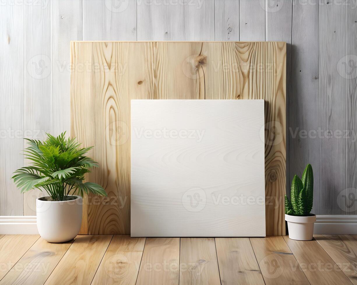 White Blank Canvas Mockup on Wooden Wall with Plants photo