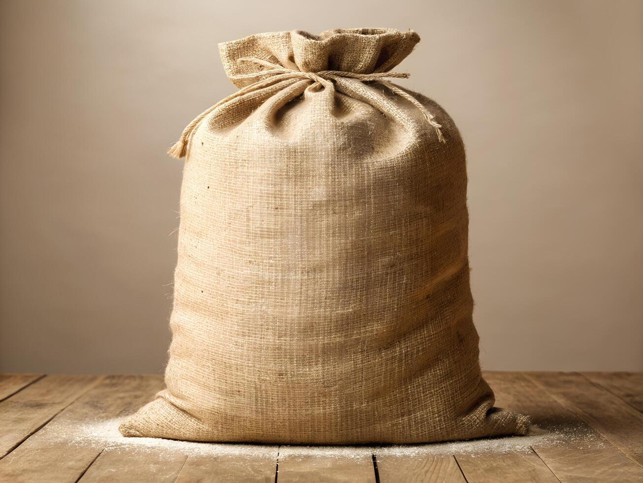 Beige Burlap Sack on Wooden Table Against Neutral Background21 photo