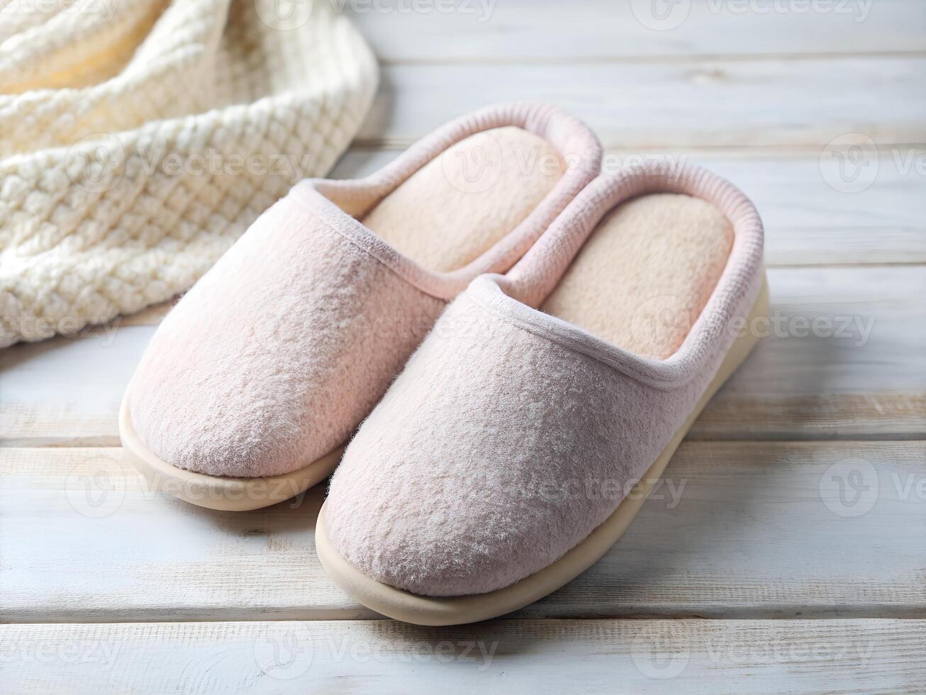 Pair of Pink Fluffy Slippers with Knitted Blanket on White Wooden Background photo