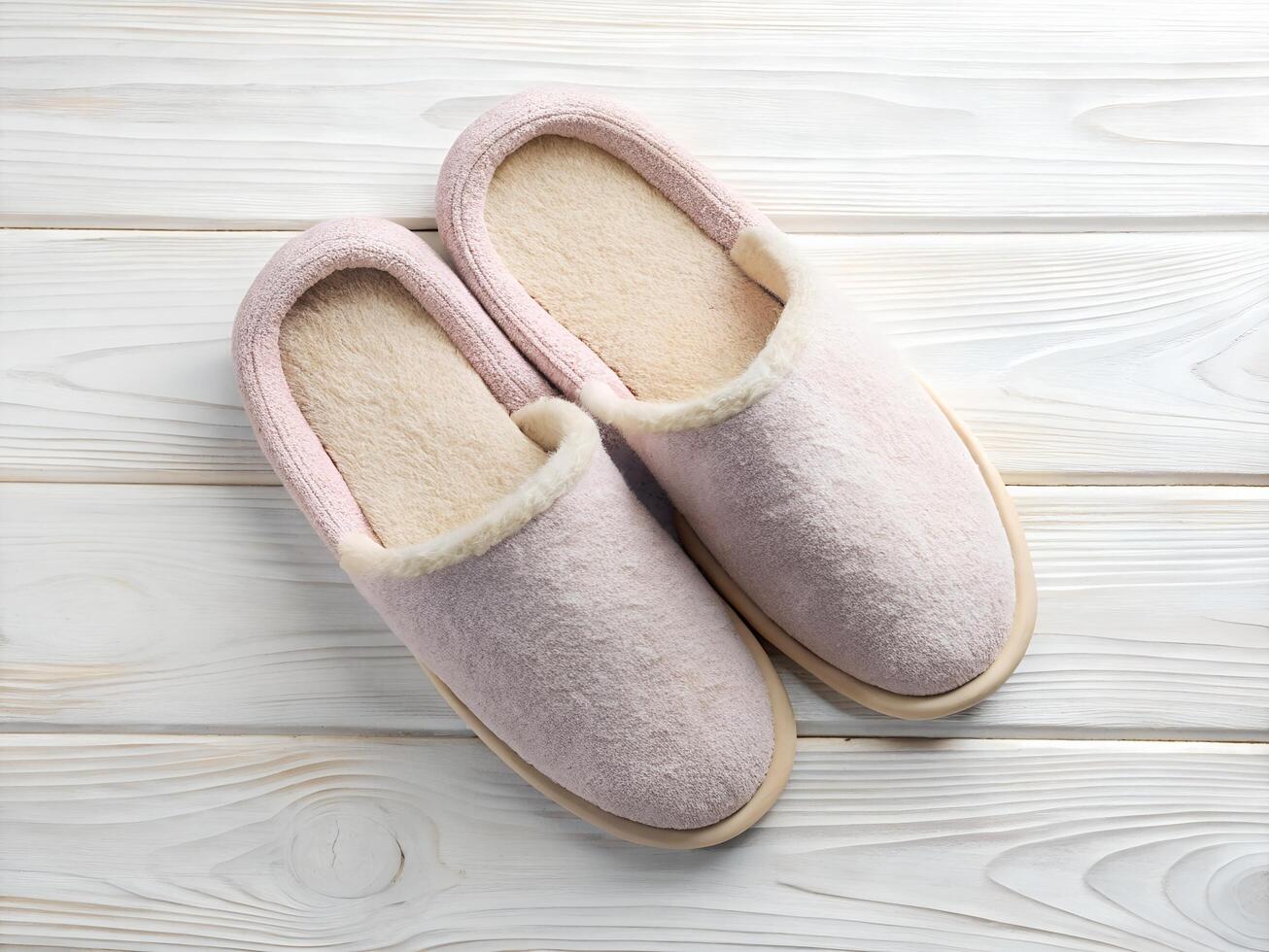 Pair of Pink Fluffy Slippers on White Wooden Background17 photo