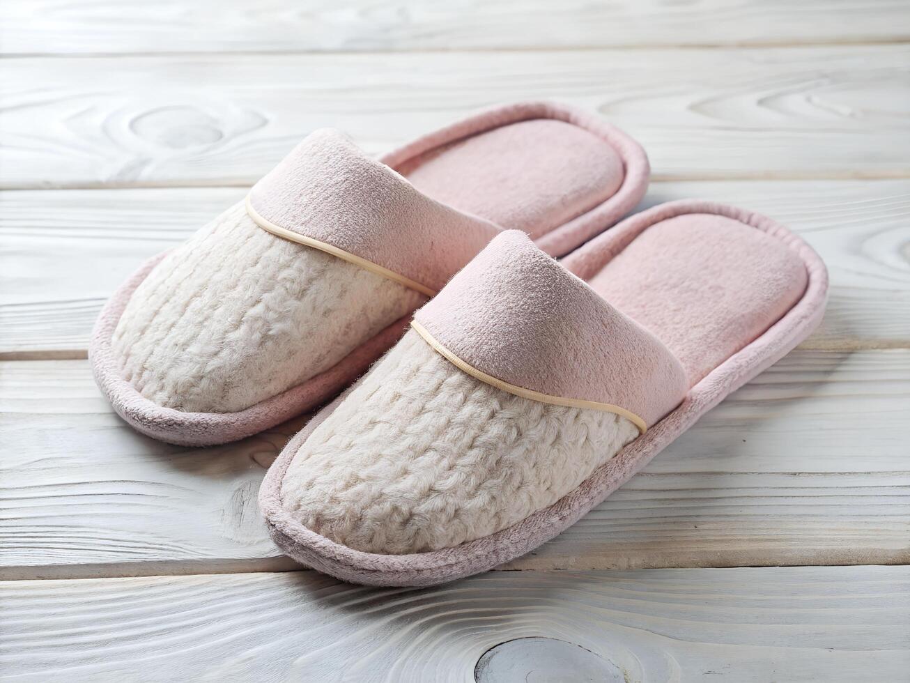 Pair of Pink and Beige Fluffy Slippers on White Wooden Background photo