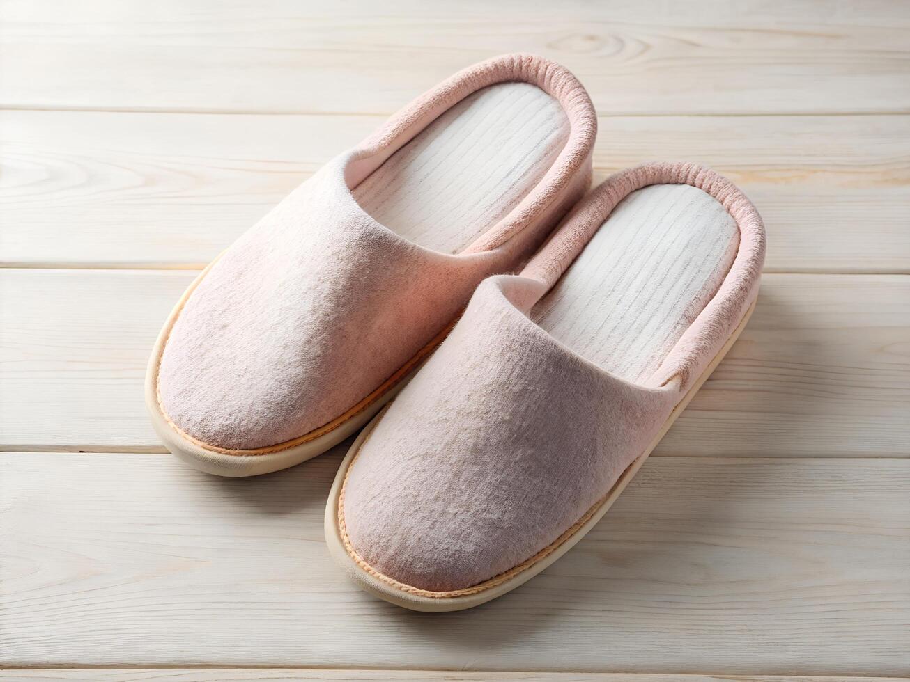 Pair of Soft Pink Slippers on White Wooden Background12 photo