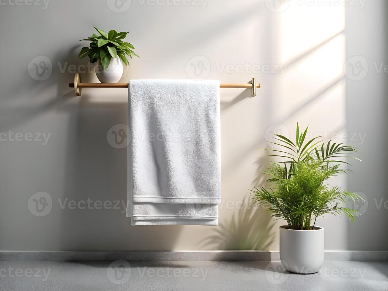 White Towel and Potted Plants in Minimalist Bathroom Decor photo