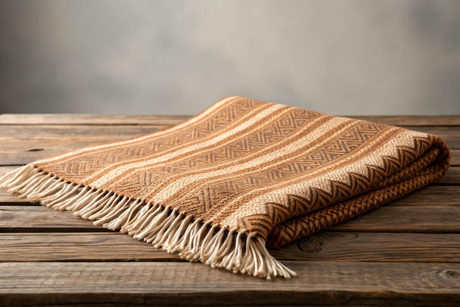 Brown and Beige Woven Throw Blanket on Rustic Wooden Table photo