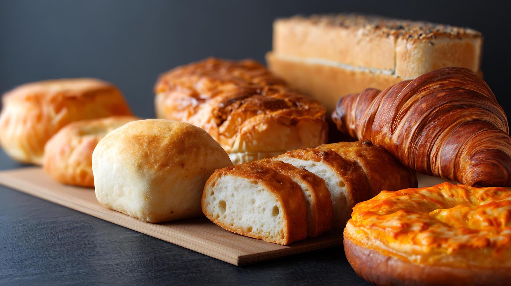 Delicious bakery assortment with loaves, buns, and a croissant on display photo