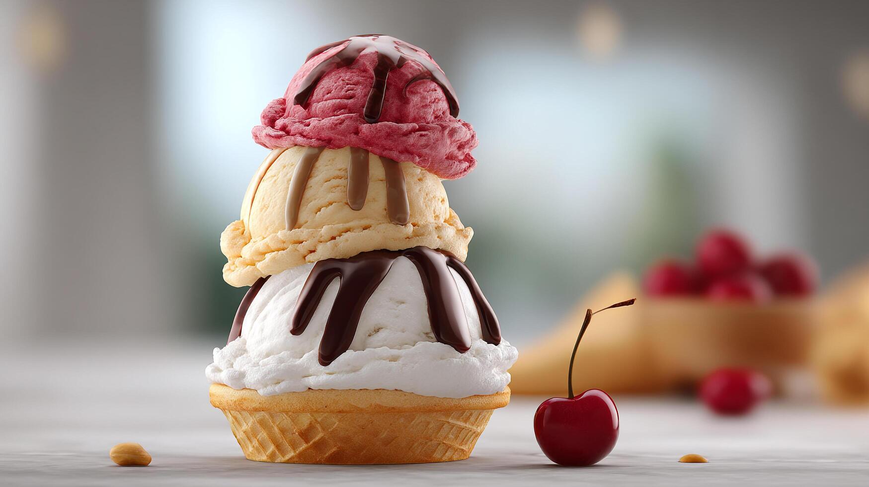 Tower of Temptation, Triple Scoop Ice Cream Cone with Cherry on Side photo