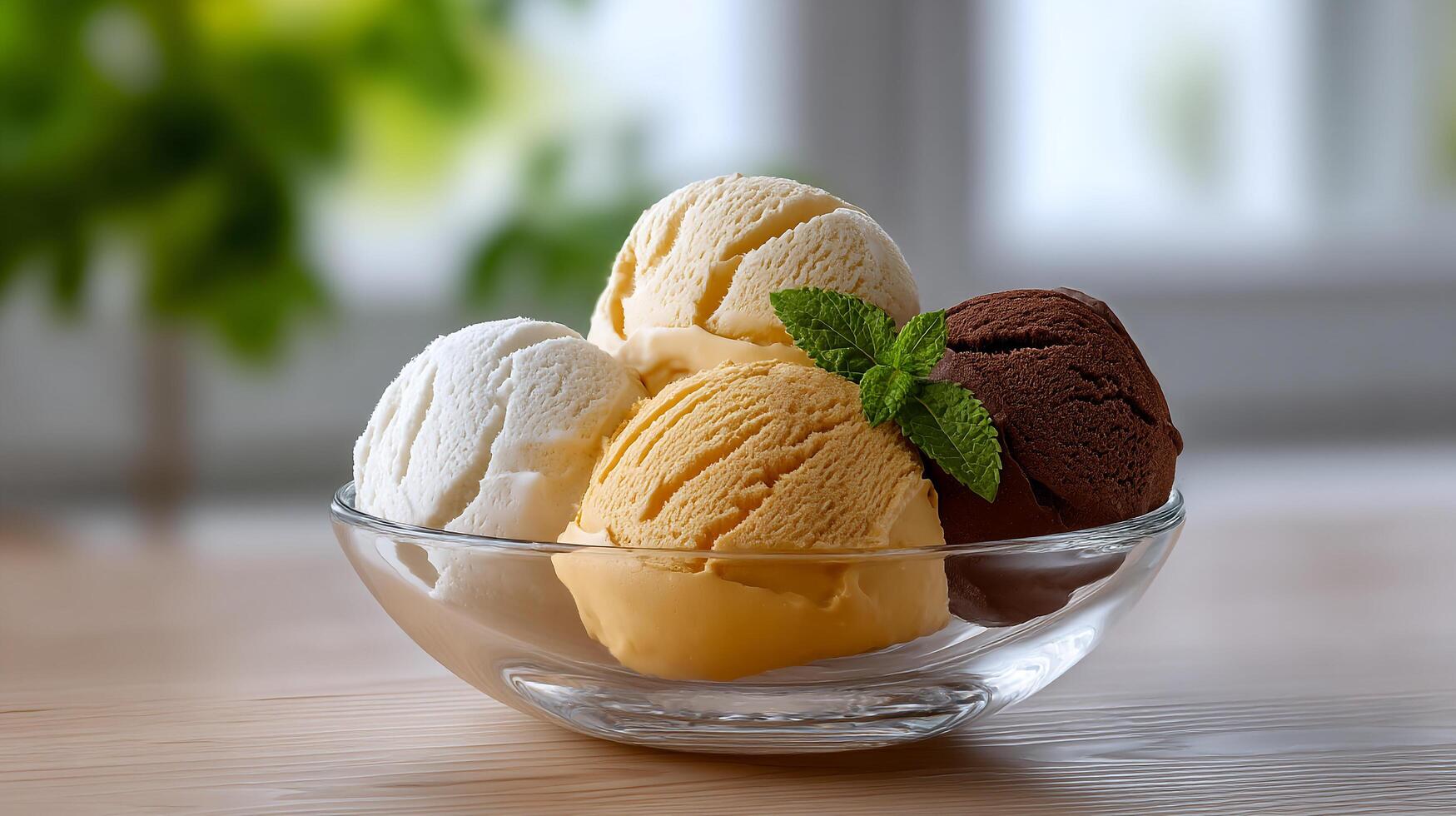 Delicious scoops of ice cream in glass bowl presentation on wood table photo