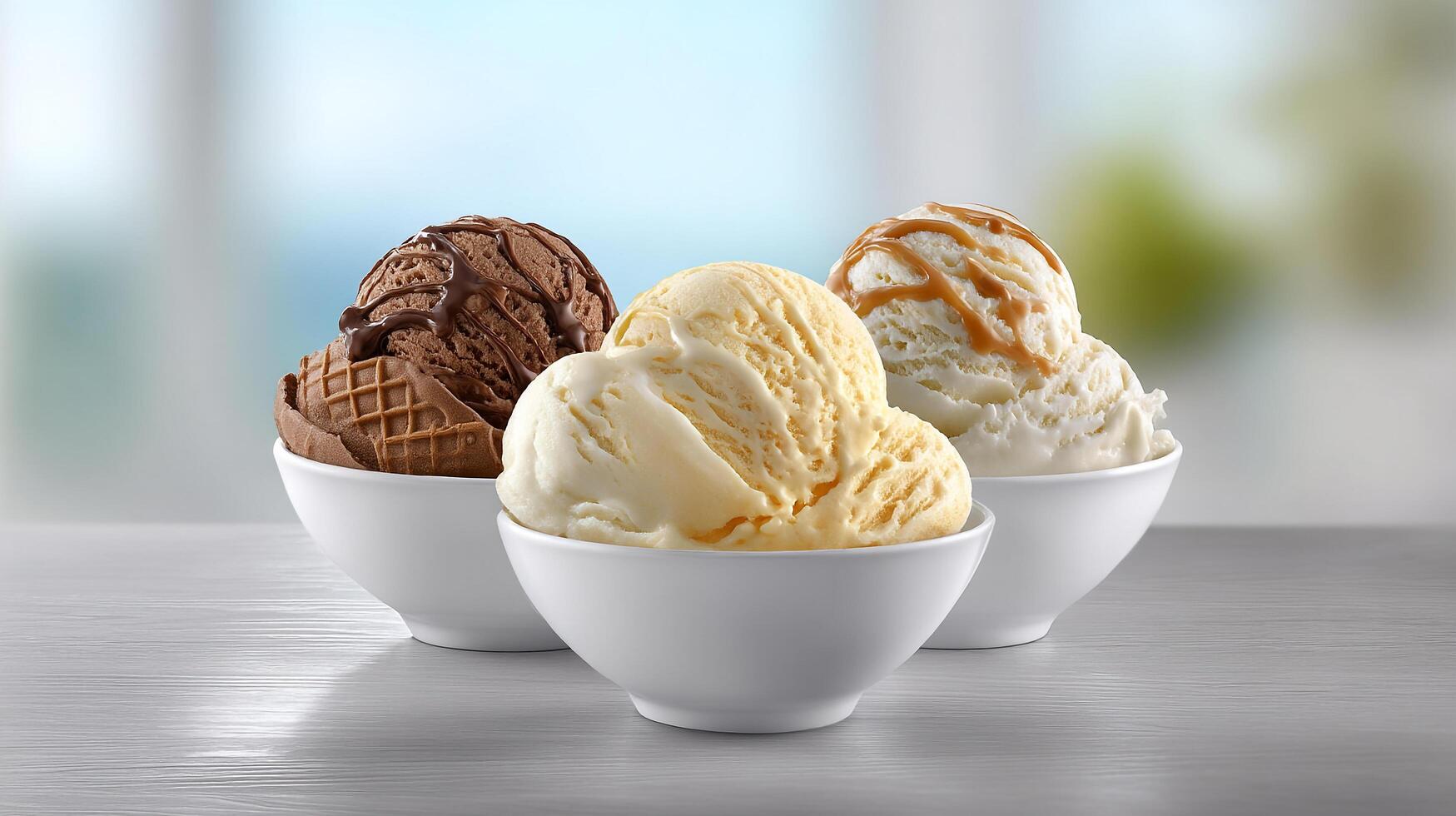Three delicious ice cream scoops arranged attractively in pristine white bowls photo