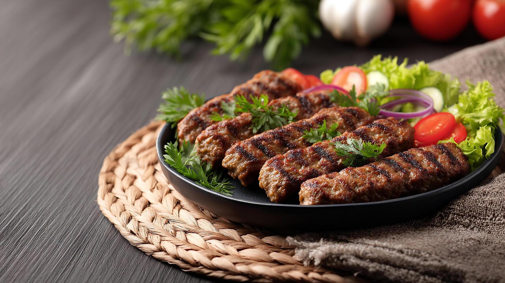 Delicious grilled kebabs served with fresh vegetables, ready to eat now photo