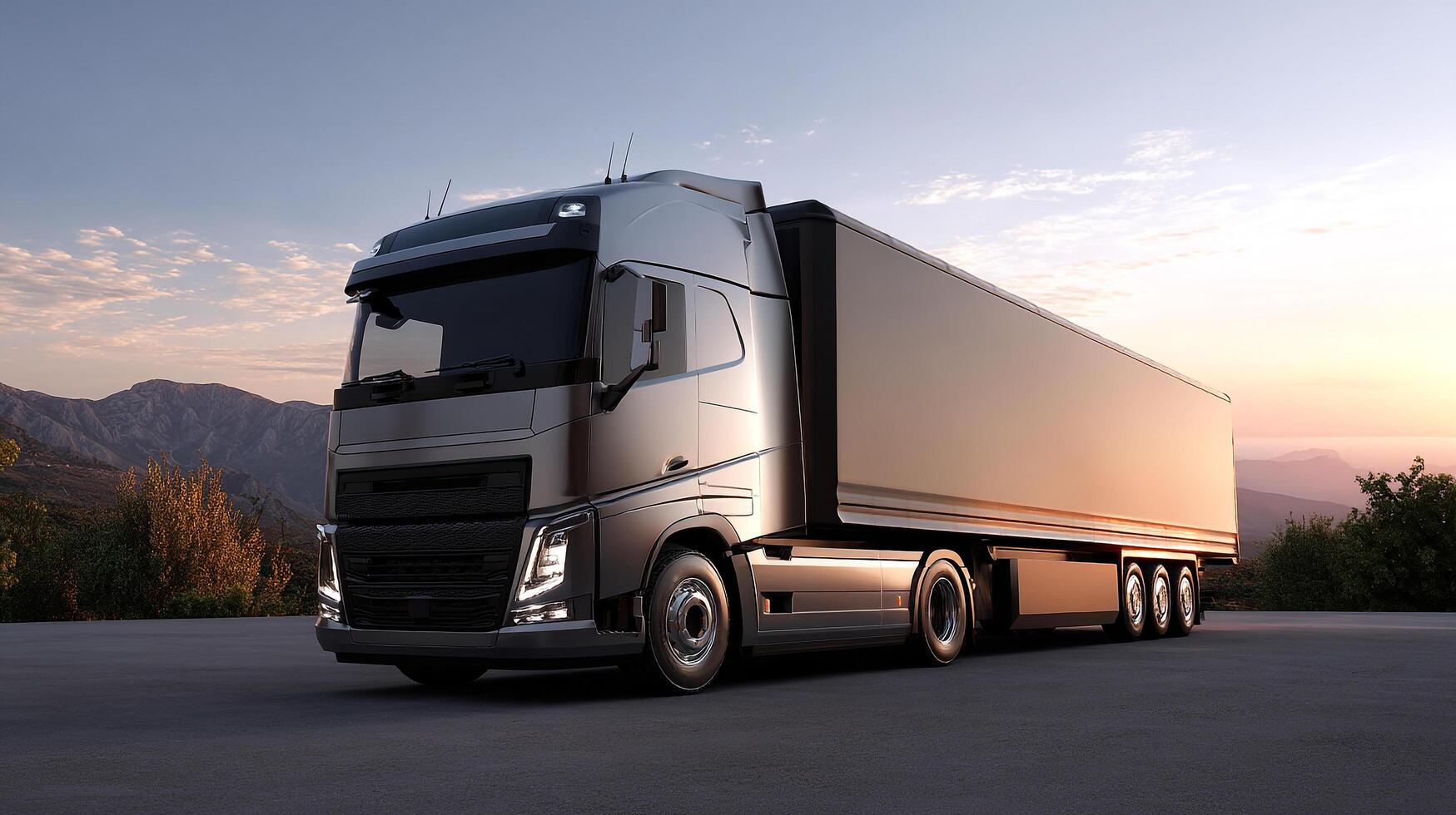 Powerful semi truck against scenic backdrop for transportation solutions marketing purposes photo