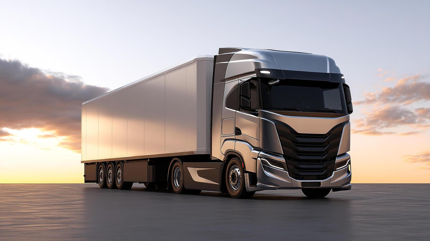 Modern silver semi truck with trailer at sunset background with digital elements photo
