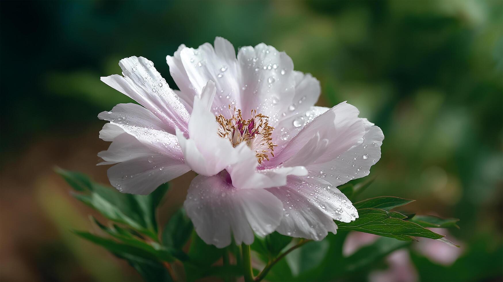 Delicate white peony flower with shimmering water droplets in soft light photo