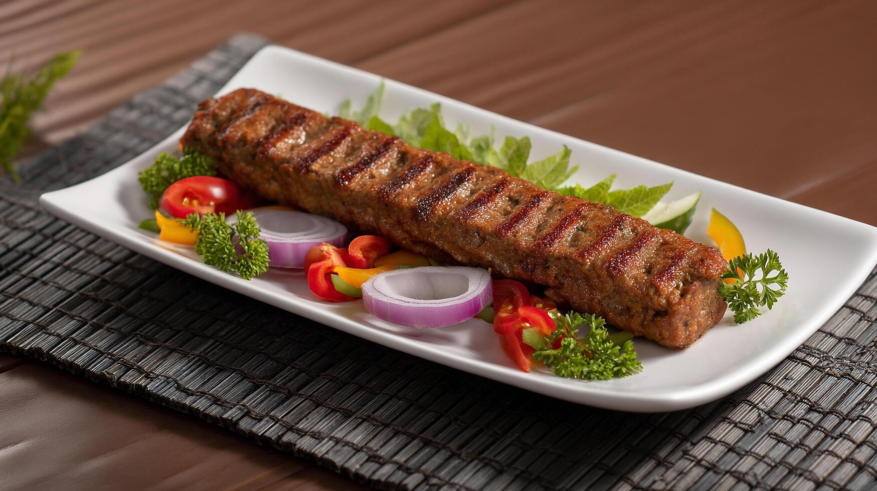 Delicious grilled kofta kebab with fresh salad on the white plate photo