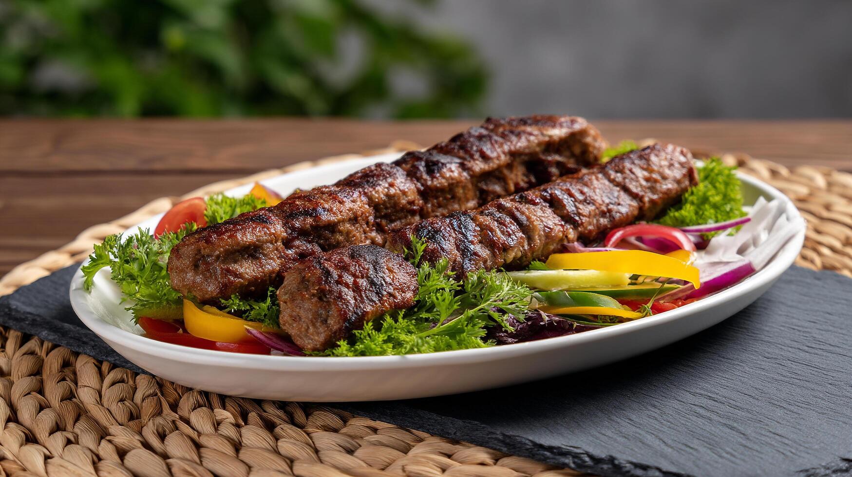 Delicious kofta kebab dish with fresh vegetables served elegantly on a platter photo