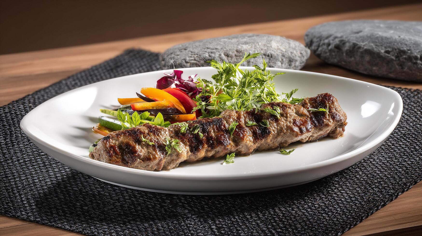 Delicious grilled ground meat kebab served with fresh vegetables on a plate. photo