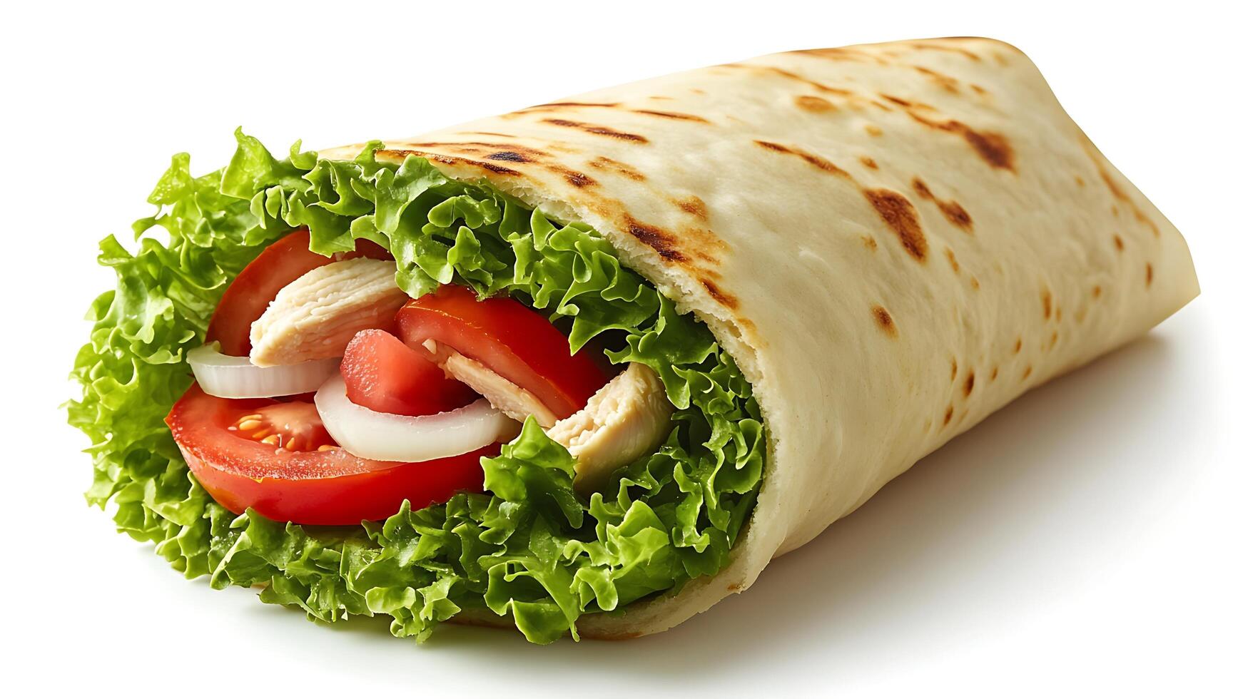 Delicious chicken wrap with fresh lettuce, tomato, and onion slices photo