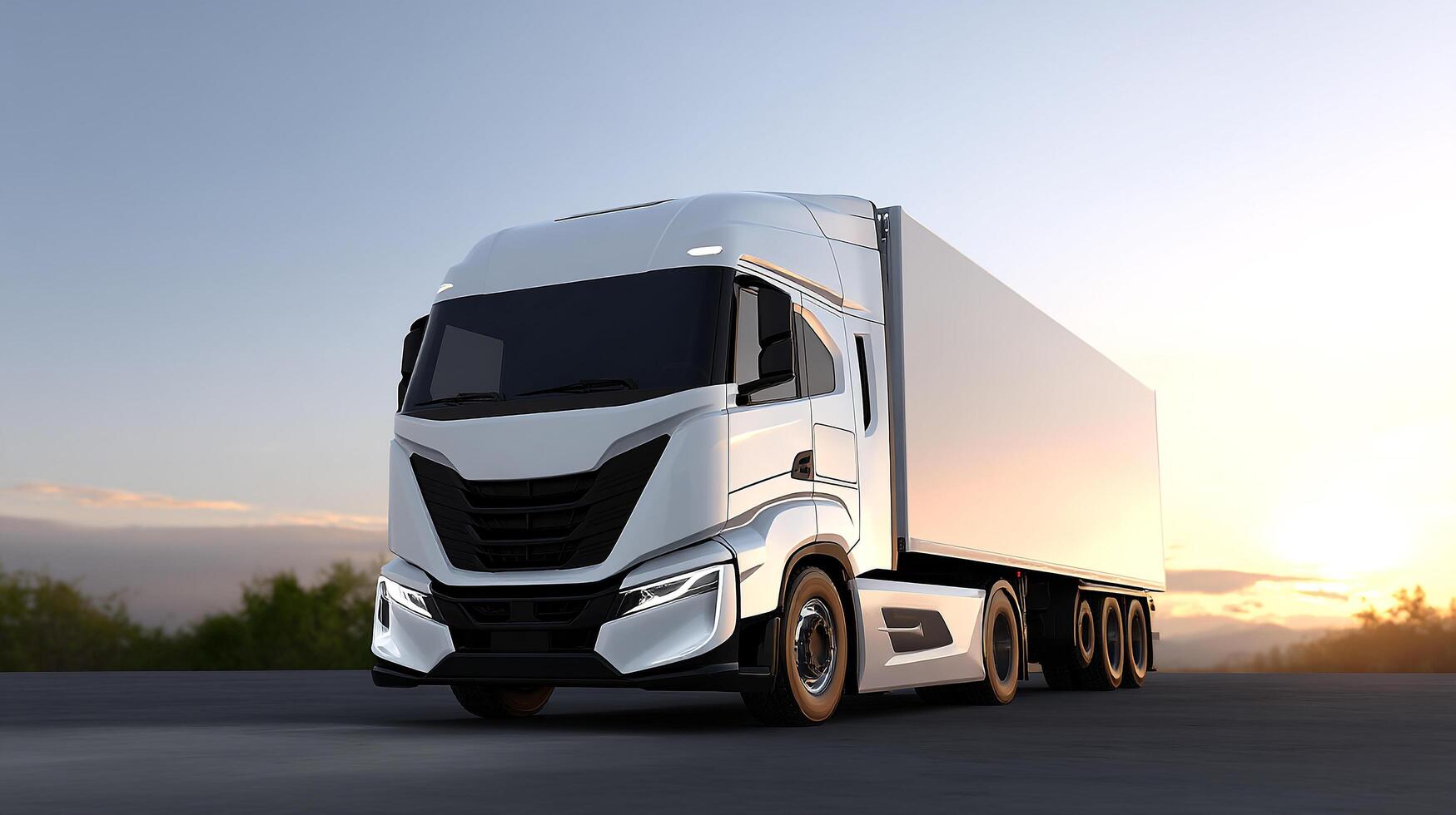 Sleek white commercial semi truck during golden hour photo