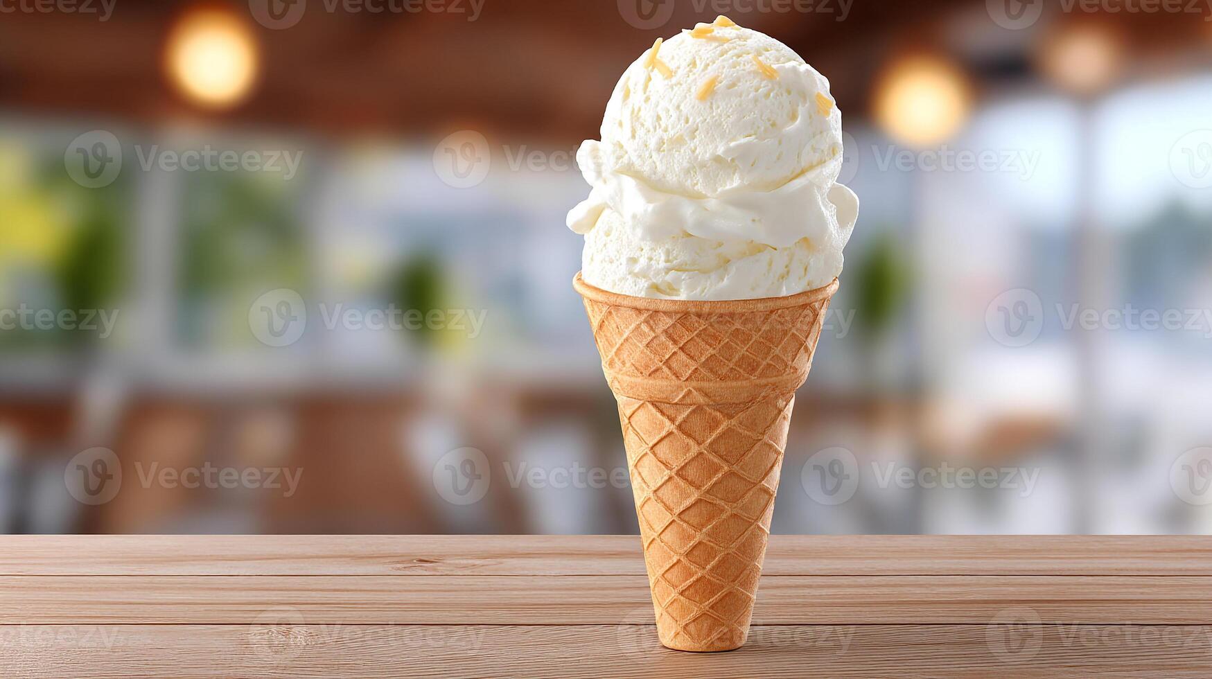 Delicious vanilla ice cream cone displayed beautifully on a wooden table photo