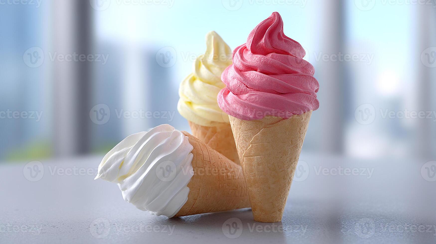 Three colorful ice cream cones on a reflective surface backdrop photo