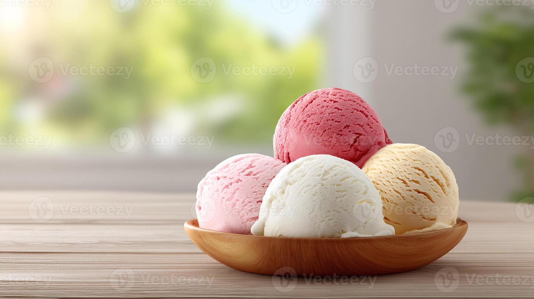 Colorful assorted ice cream scoops served attractively in wooden bowl background photo