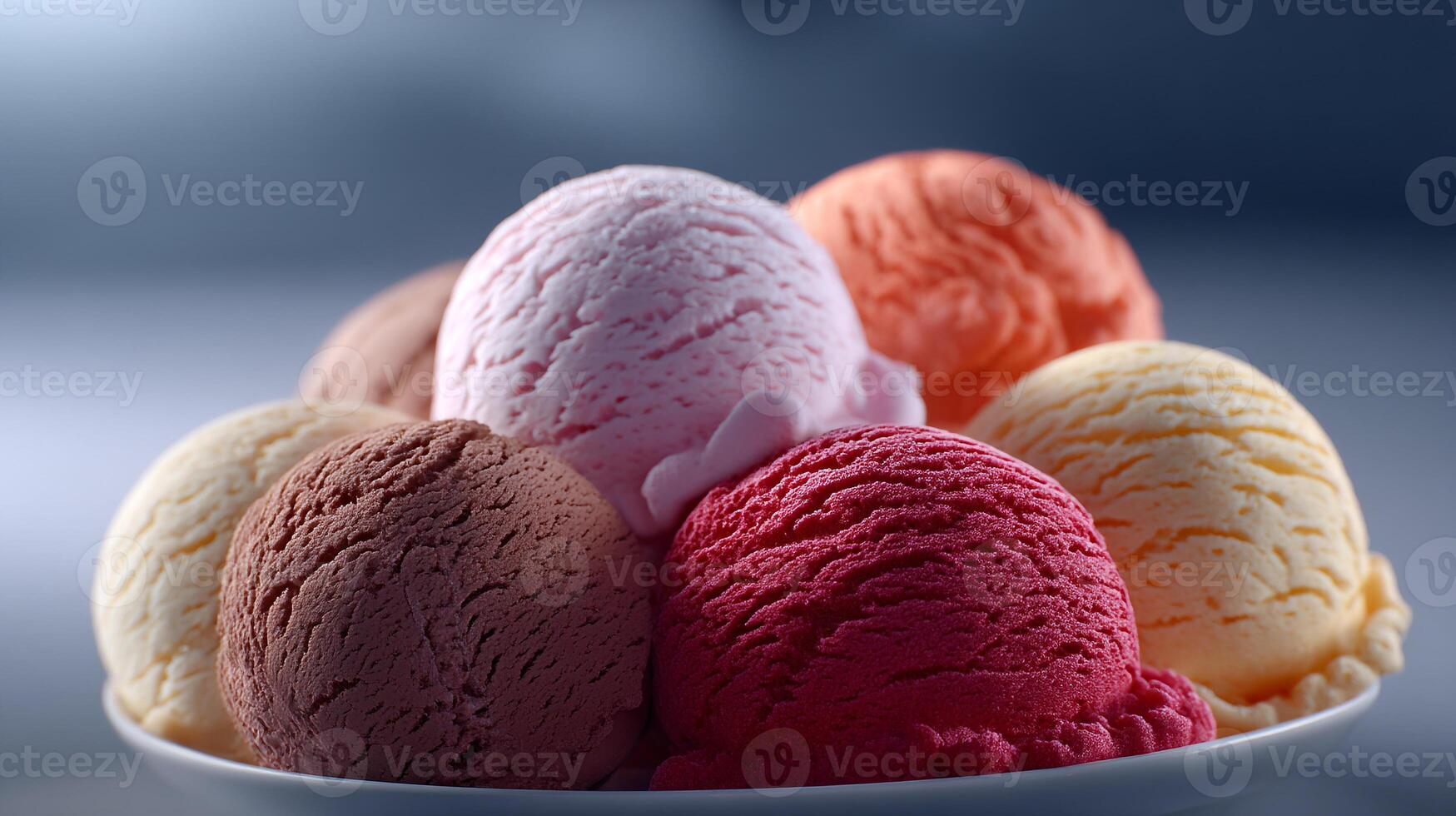 Colorful ice cream scoops in a white bowl close up shot photo
