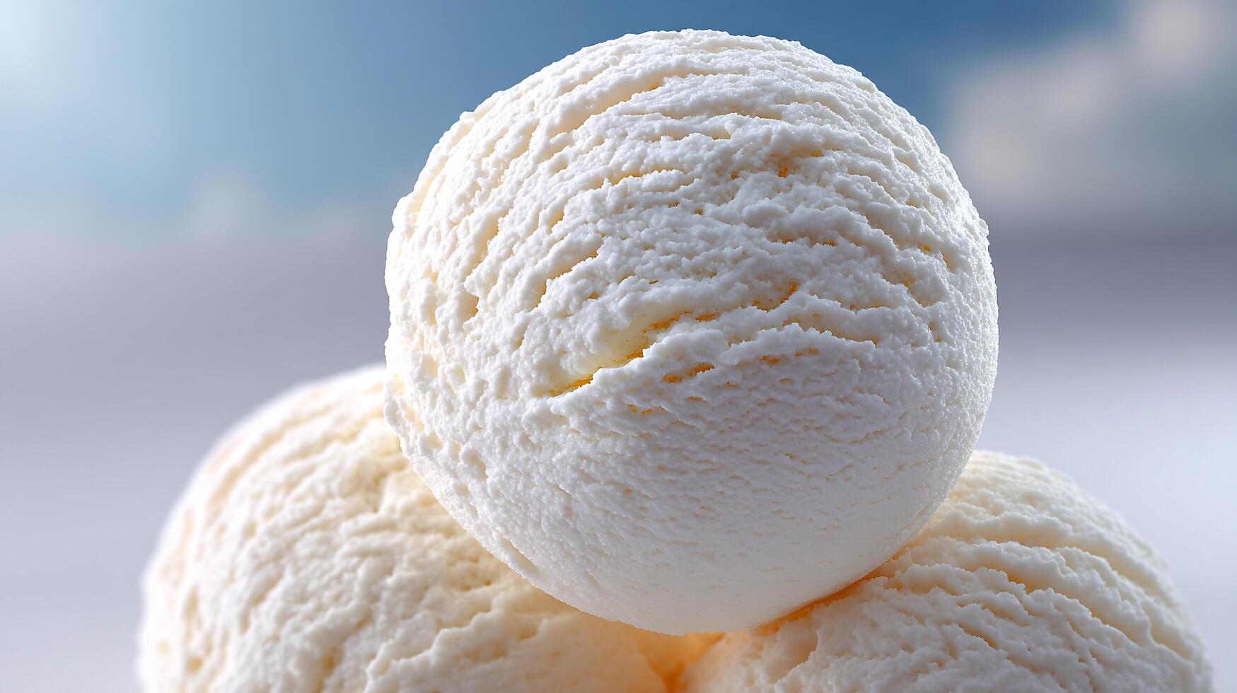 Creamy Vanilla Ice Cream Scoops Against Sky Background photo