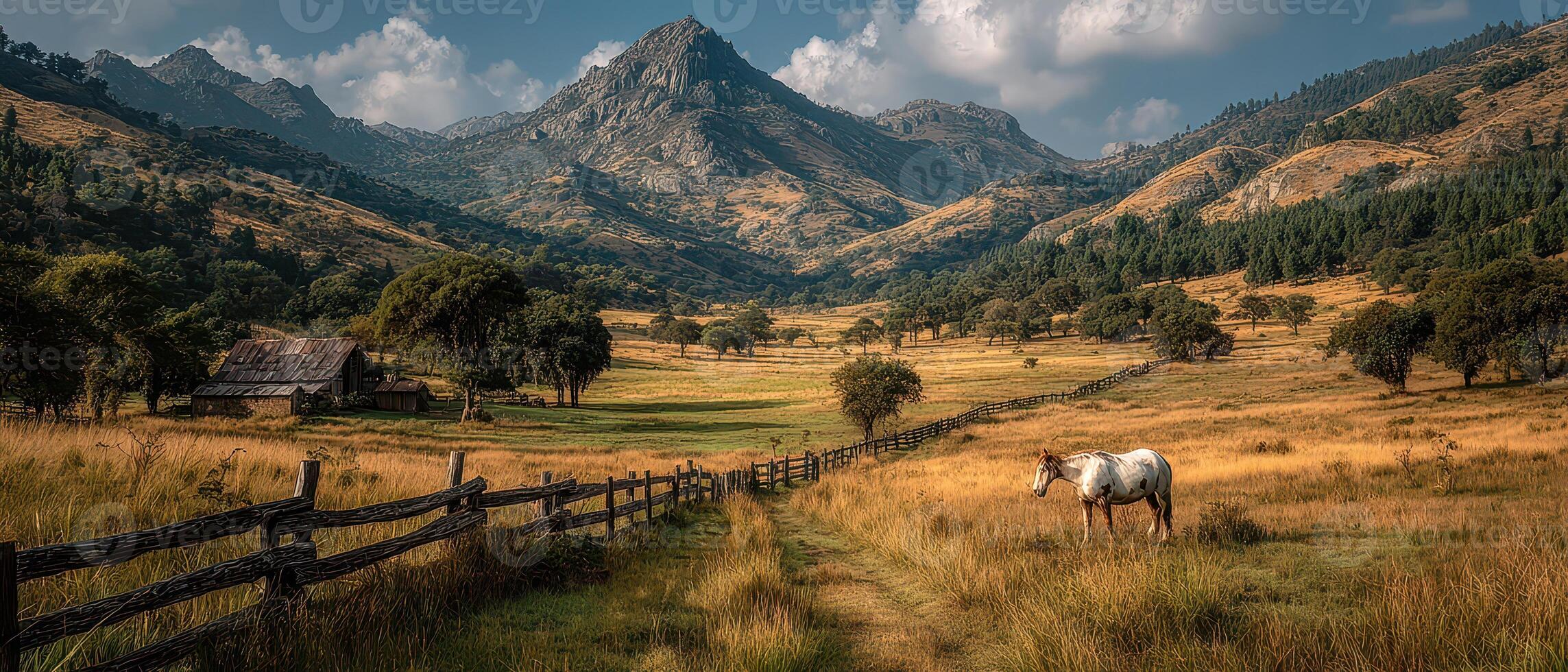 Majestic landscape with horse in mountainous area photo