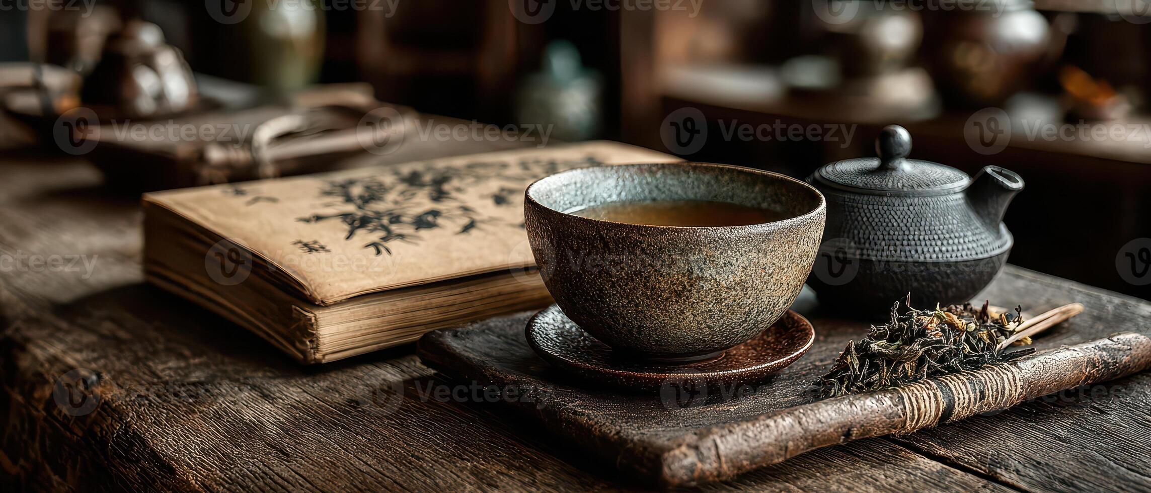 Brewing tea in a rustic setting with a clay cup photo