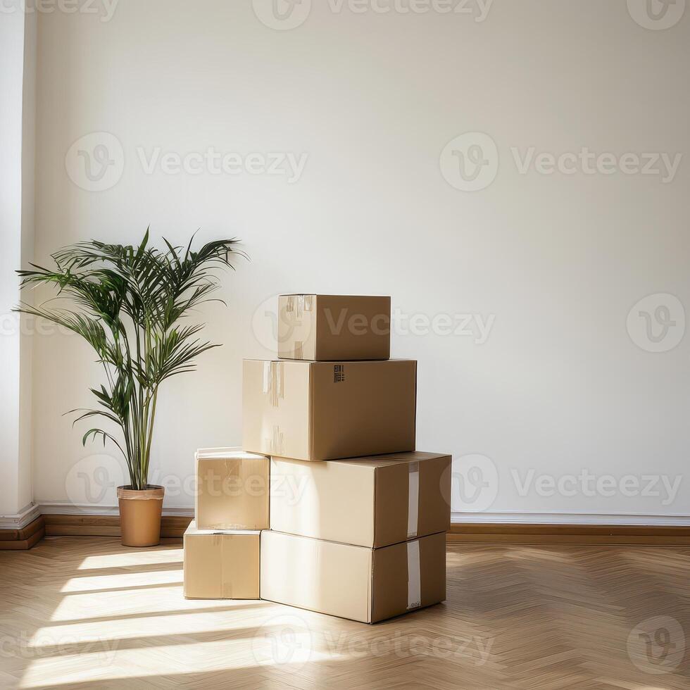 Boxes stacked in a bright room with a plant photo
