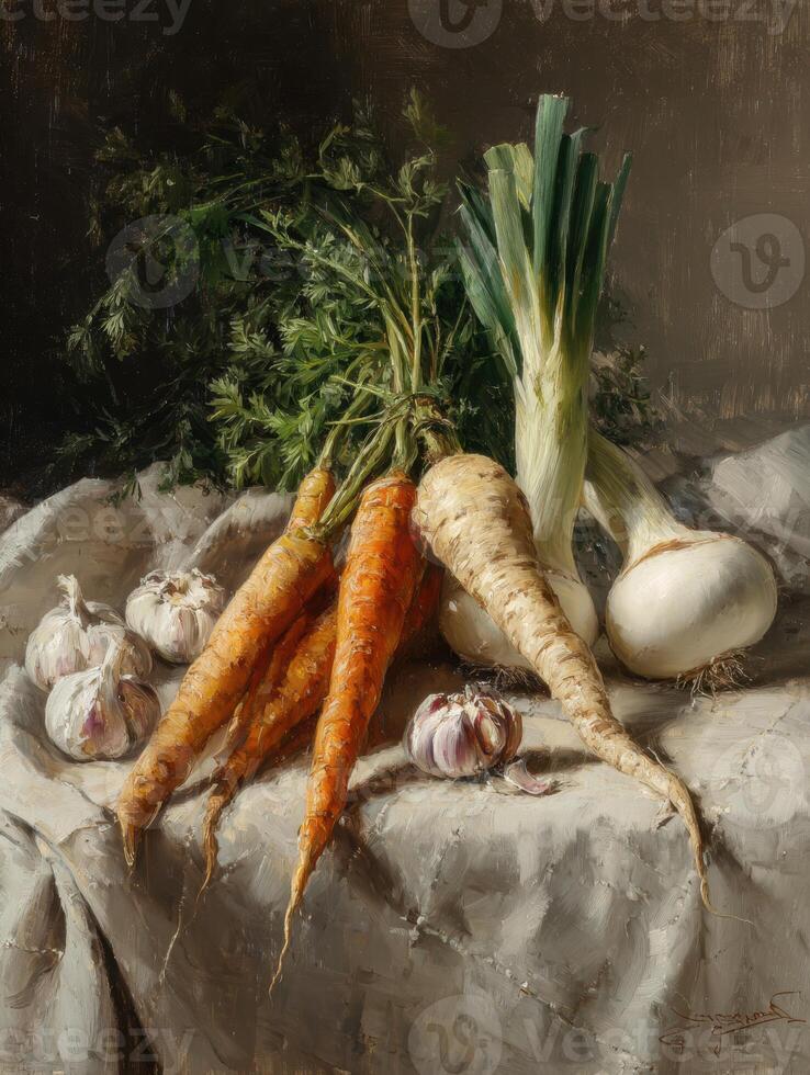 Colorful Still Life of Fresh Carrots, Parsnips, and Garlic Arranged on Linen Cloth in a Rustic Kitchen Setting photo