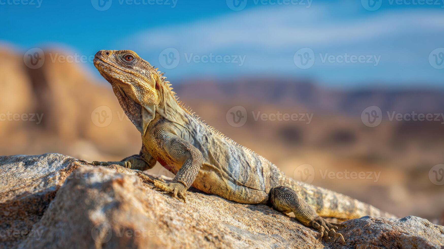 Iguana Basking on Sunlit Rock in the Desert Landscape With Minimal Foreground for Text Clarity photo
