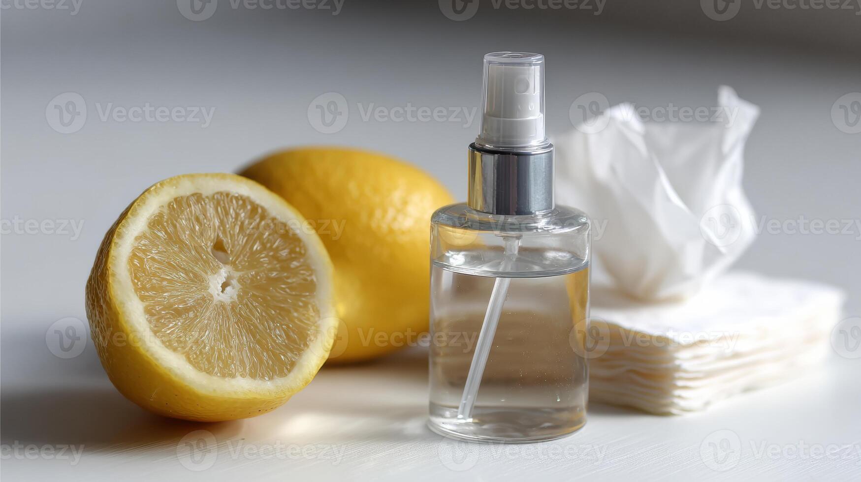 Close-up View of Nose Spray, Lemon, and Tissues on White Surface for Remedy Preparation photo