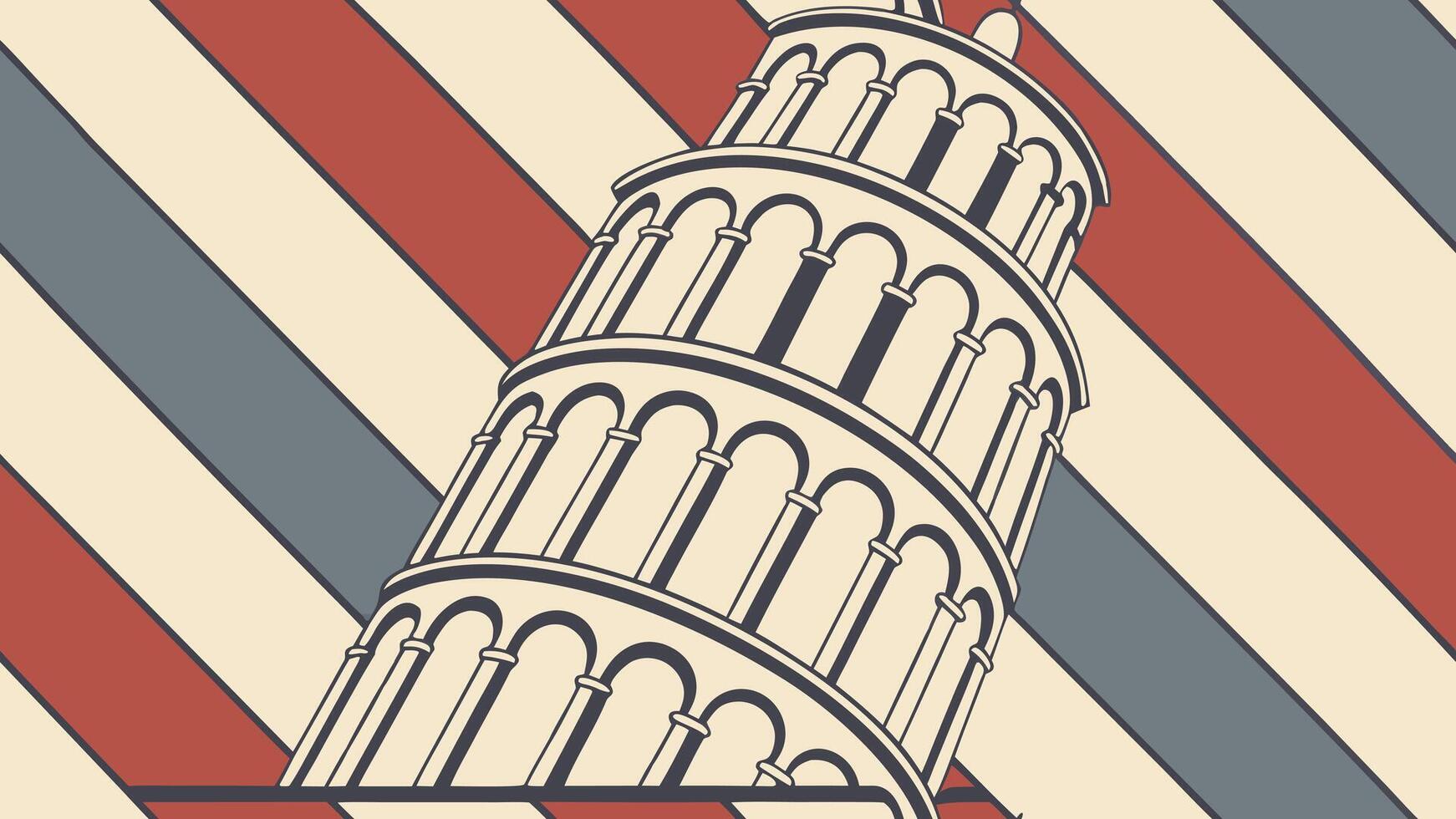 Leaning tower of Pisa with a beige color palette, diagonal stripes of red, white and blue in the background vector