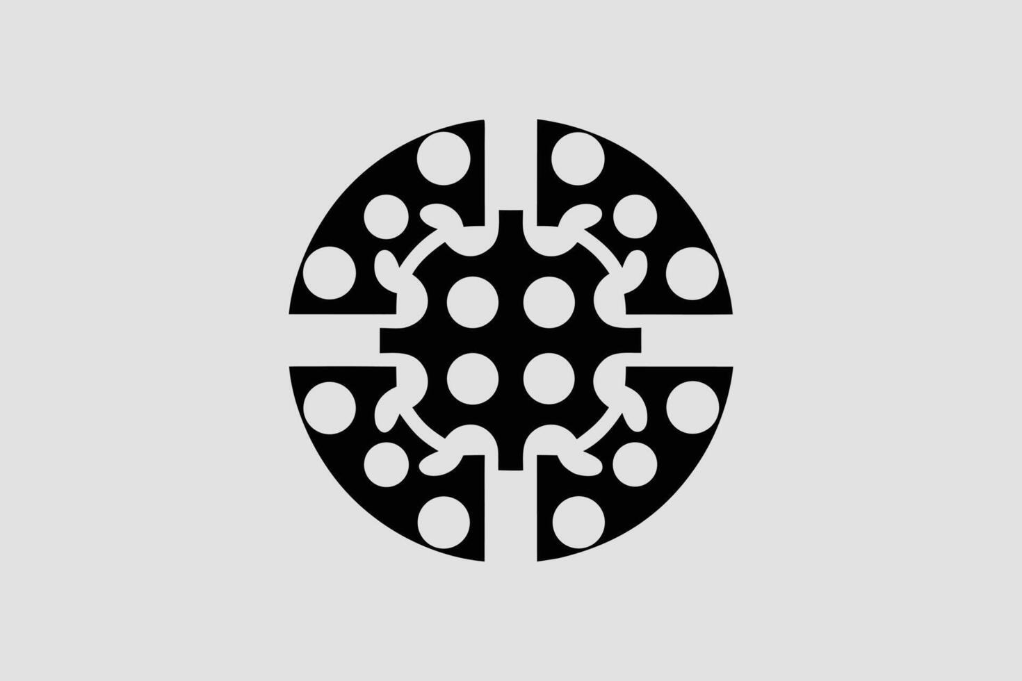 A black and white illustration of a stylized pizza with missing slices, the pizza is covered in white dots, on a gray background vector