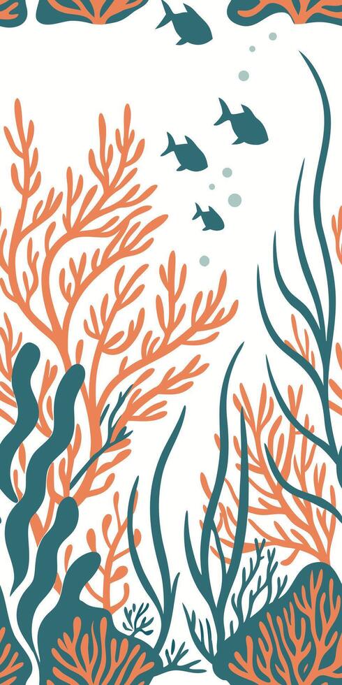 Coral reef with orange coral, blue seaweed, a small fish and bubbles in a white background vector