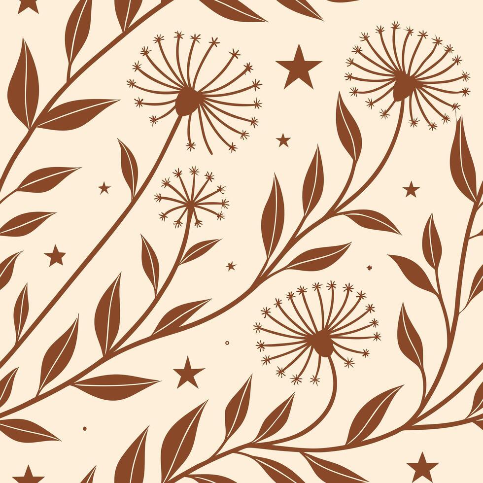 Dandelion flowers and leaves with stars pattern, brown color, beige background vector