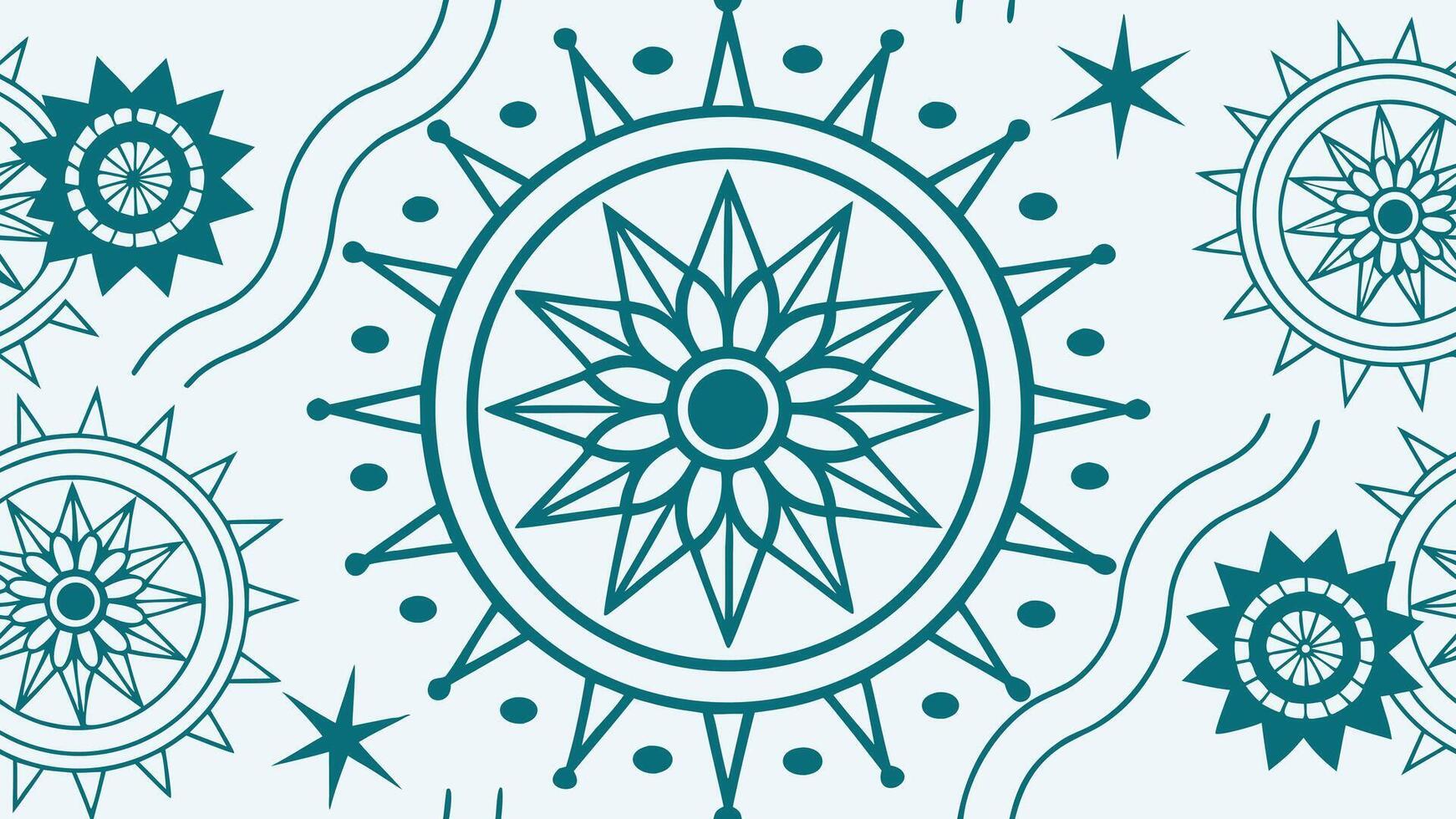 Teal mandala with geometric shapes and a floral center, surrounded by dots and star-like figures on a light blue background vector