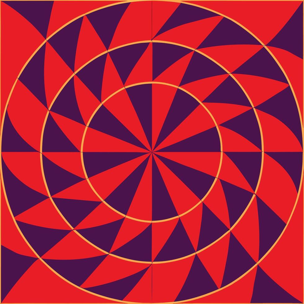 A geometric pattern with concentric circles, alternating red and purple triangles radiating from the center, set against a red background vector