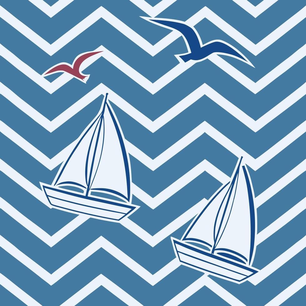 Two white sailboats and two seagulls on a blue and white zigzag pattern, nautical theme, simple shapes, clean lines, graphics vector