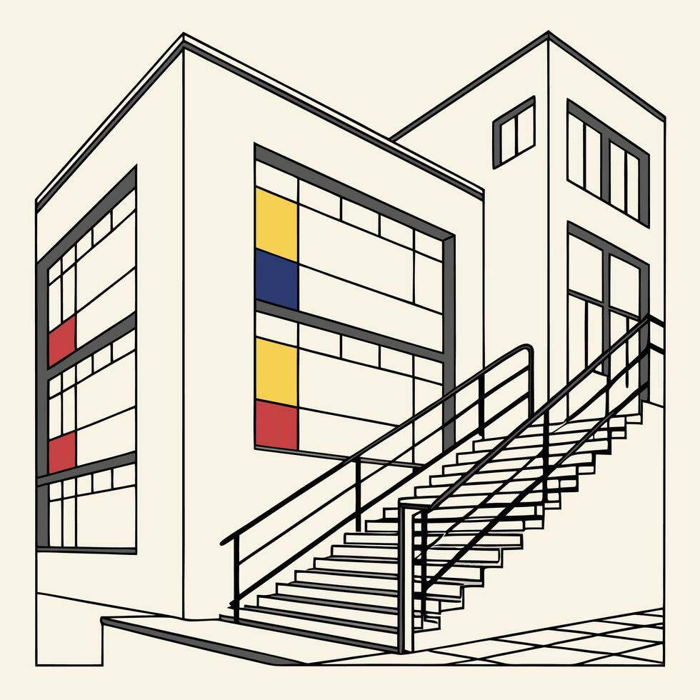 Bauhaus architecture abstract, with outlines of staircases and windows formed with black lines and filled primary shapes vector