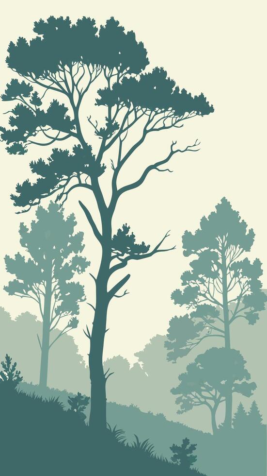 Misty Forest Silhouettes - Soft blue-grey tree outlines, subtle fog effect, grainy matte paper vector