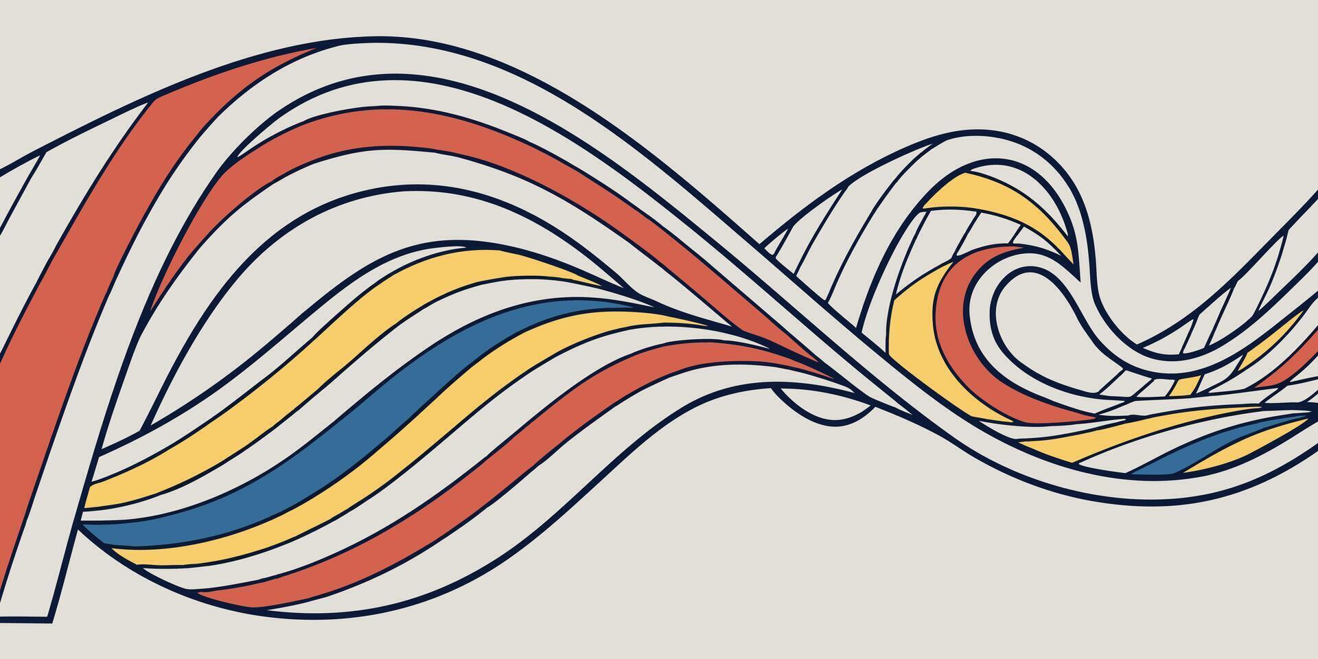 Dynamic wave of alternating colored lines red, blue, yellow flowing over a gray background vector