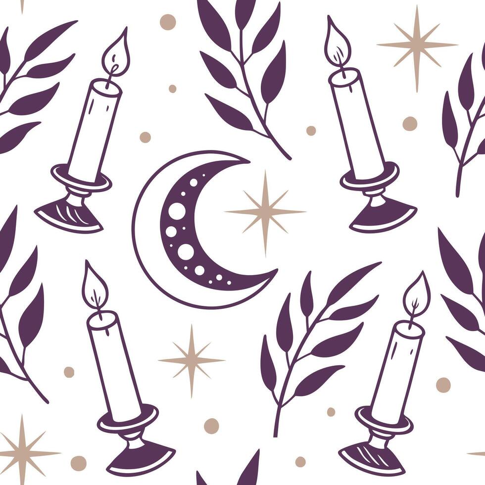Seamless pattern with candles, moon, stars and leaves, purple and beige colors, white background vector