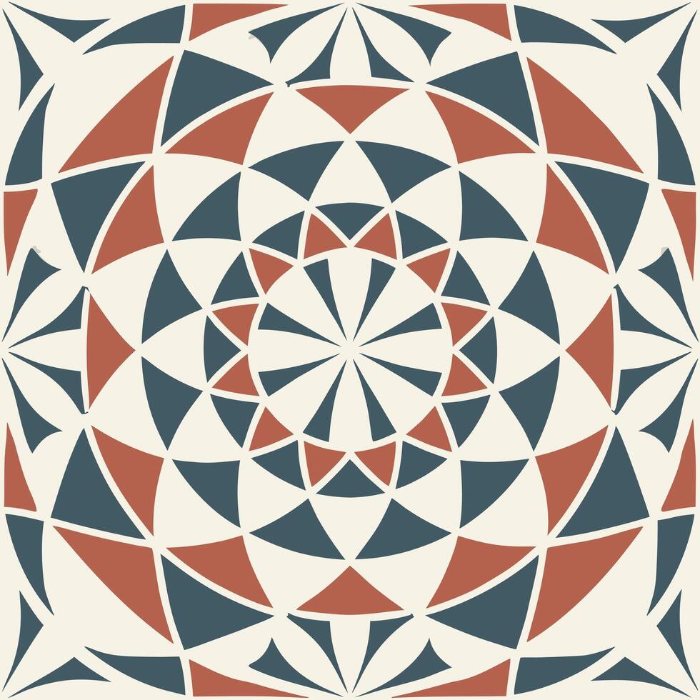 A geometric pattern with concentric circles of triangles in shades of red and blue on a cream background vector