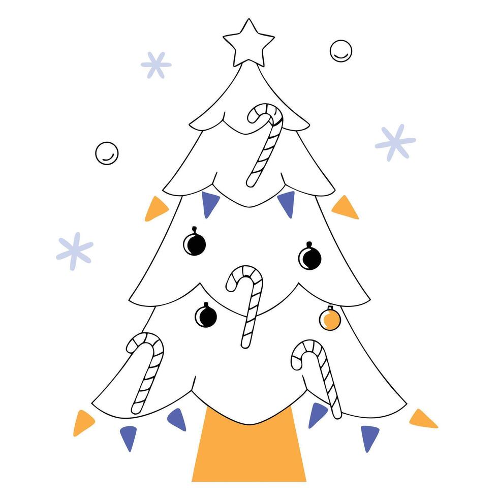A festive Christmas tree decorated with ornaments, candy canes, and fairy lights, isolated on white background, in cute cartoon clipart style vector